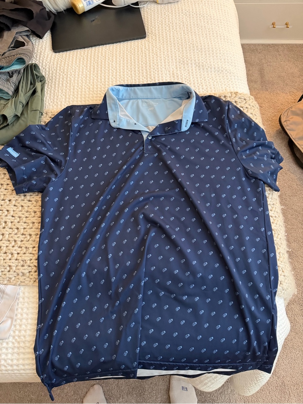 Men's Navy Printed Polo with Light Blue Trim